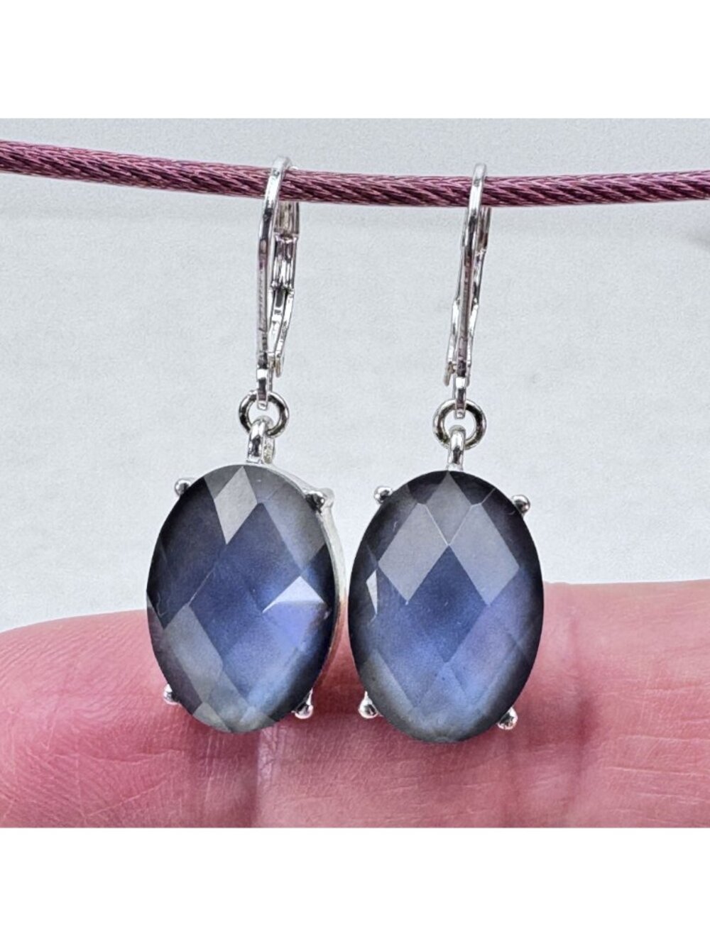 Napier Oval Faceted Blue Gem Leverback Drop Earrings 1.5" Silver-Tone Setting - Picture 8 of 9